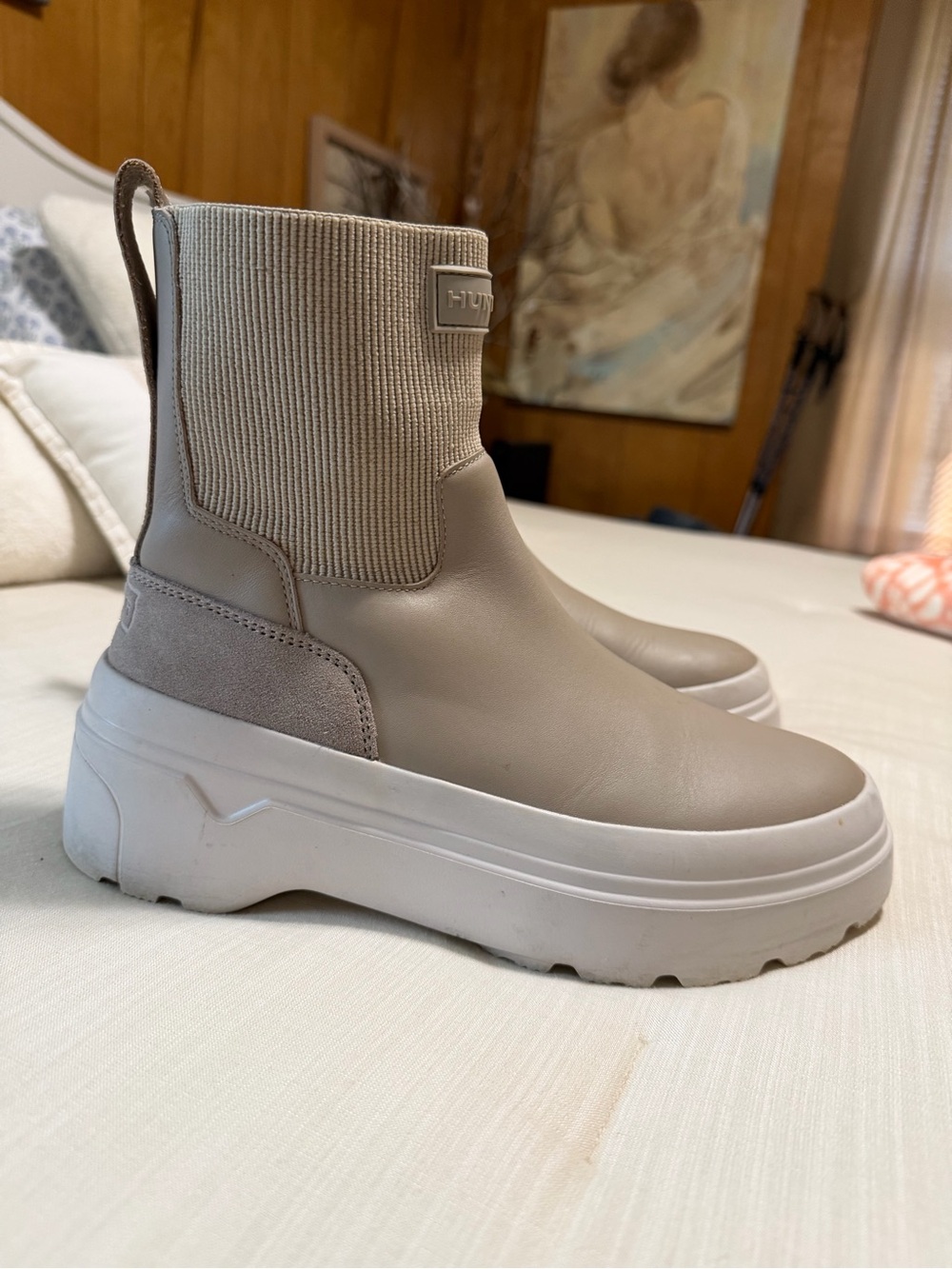 Hunter Beige Platform Chelsea Booties with Knit Ankle